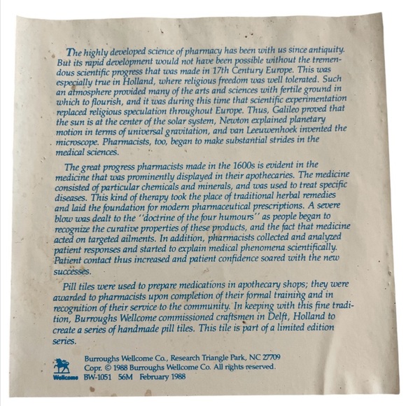 Delft Holland limited edition Pharmacy Pill Tile w/ hook
1988 - Picture 2 of 3